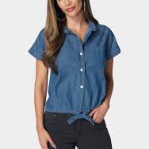 BEBE The Tie Front Denim Shirt - Medium Wash / M